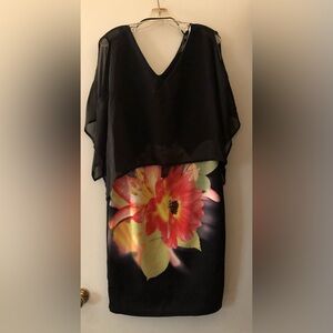 Mme Gabrielle Black Formal dress with sheer cold shoulder sleeves size 16